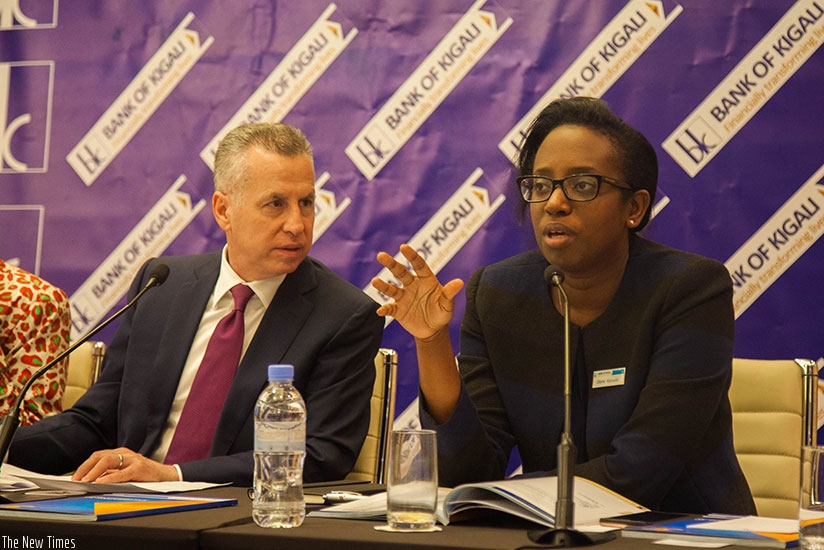 Dr Karusisi speaks as Holtzman looks on during the Board meeting in Kigali, yesterday. Nadege Imbabazi.