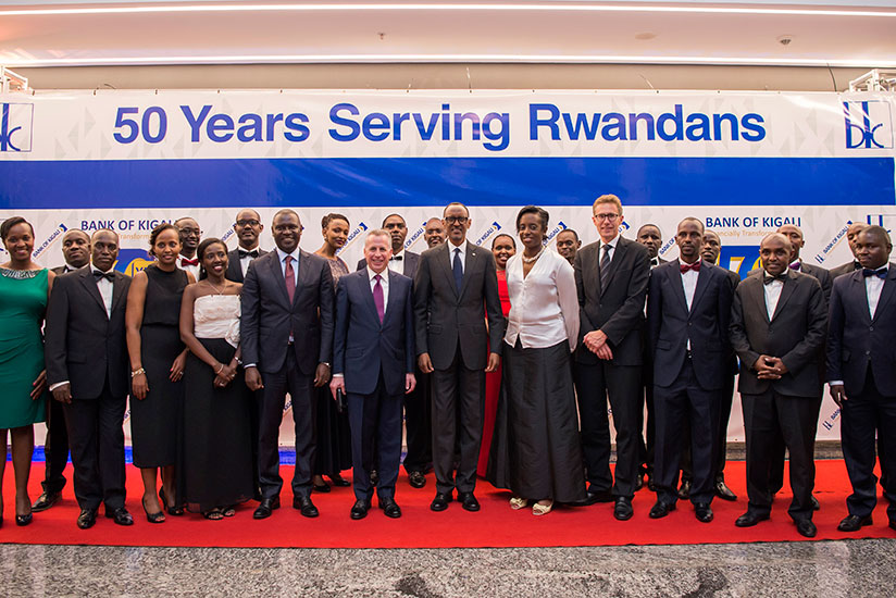 President Kagame with Bank of Kigali's Executive Committee and Board of Directors during a dinner to celebrate the Bank's 50th anniversary.