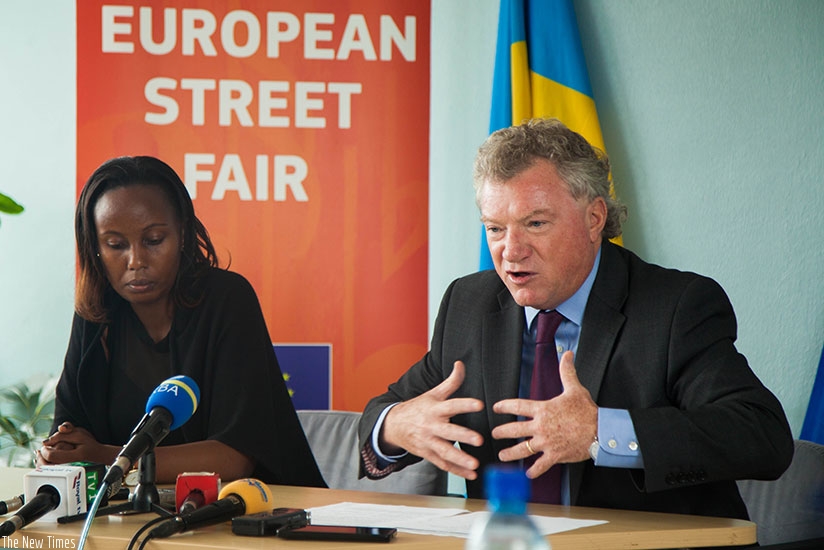 The EU ambassador to Rwanda Michael Ryan (R) and EU Press and Communications officer Flora Kaitesi, address journalists about the Europe Day celebrations that will be marked on May 9. Photos by Nadege Imbabazi.