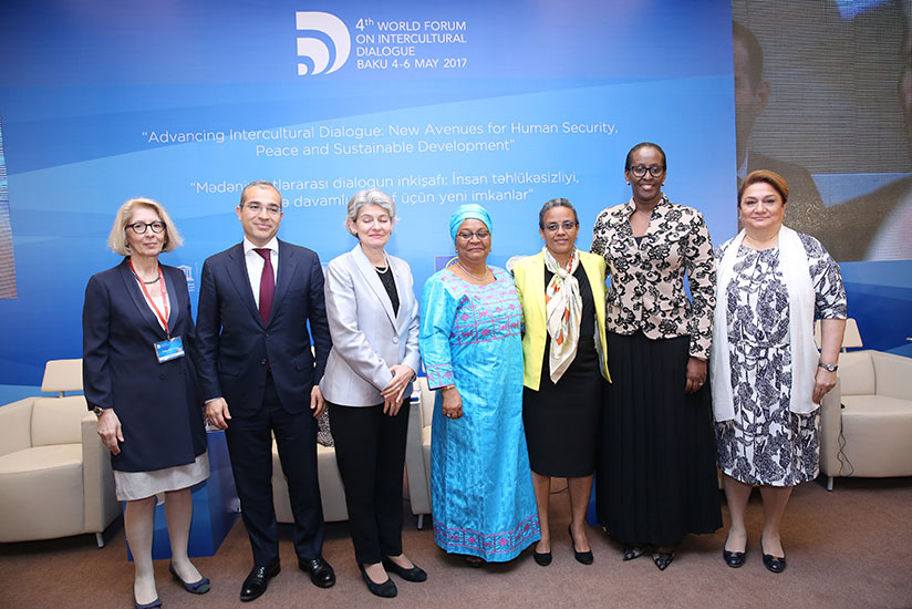 First Lady Mrs Kagame poses with First Ladies Mrs Keita Aminata Maiga of Mali (fourth left), Mrs Roman Tesfaye of Ethiopia (third right); DG of UNESCO Mrs Irina Bokova (third left); Mrs Saniye Gulser Corat, Director of Gender Equality Division, UNESCO (first l.); Mikayil Jabbarov, Minister of Education of Azerbaijan; and Hijran Huseynova, Chair of the State Committee for Family, Women and Children Affairs of Azerbaijan.