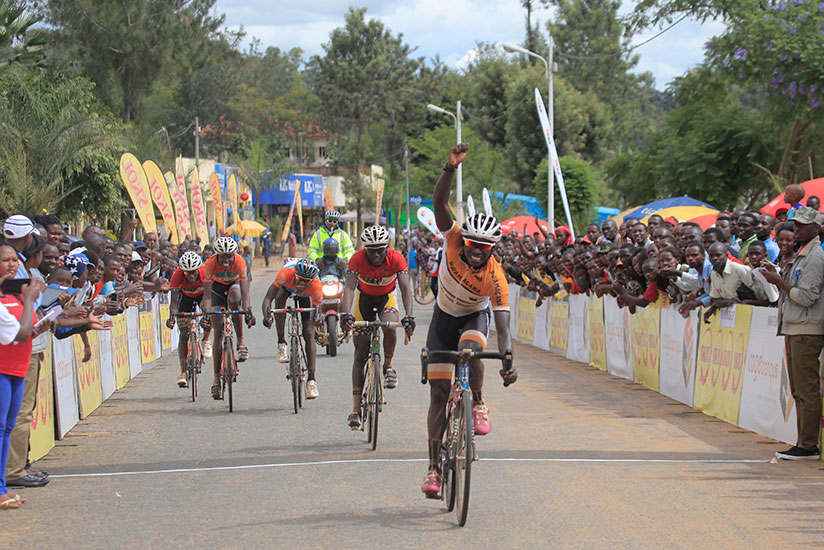 Les Amis Sportifs de Rwamagana rider Jean Claude Uwizeye celebrates his victory in the second race of the 2017 Rwanda Cycling Cup in Nyagatare.  / Sam Ngendahimana