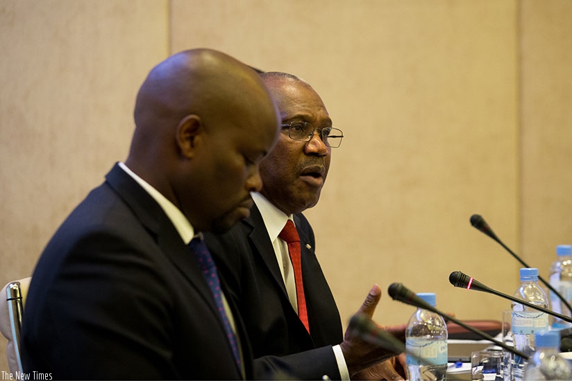 Dr Hamadoun Toure, the executive director of Smart Africa, speaks at the Africa Regional Internet Development Dialogue in Kigali, yesterday, asrnYouth and ICT minister Jean Philbert Nsengimana follows. (Photos by Timothy Kisambira)