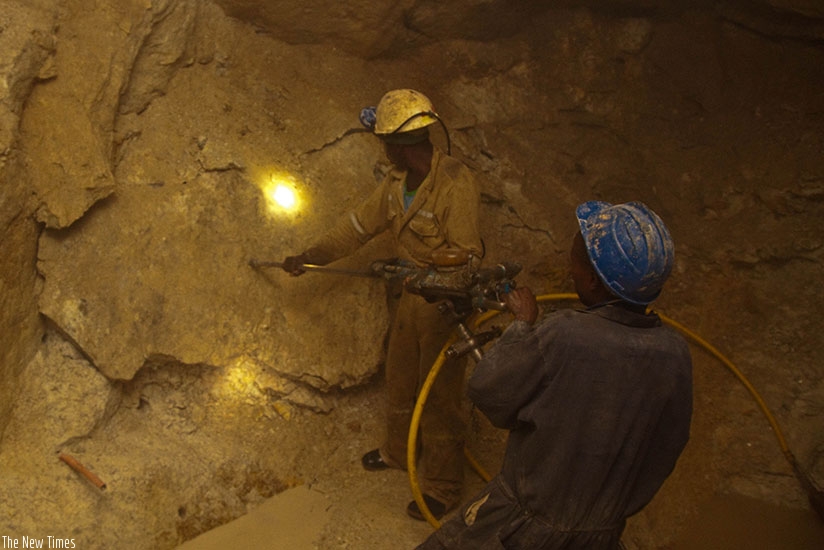 Miners in a tunnel at Gatumba Mining Centre in Ngororero District. (File)