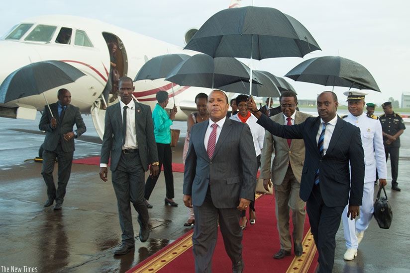 Patrice Trovoada, the prime minister of Sao Tome and Principe, arrives at Kigali International Airport for the third Smart Africa Summit yesterday. (All photos by Timothy Kisambira)