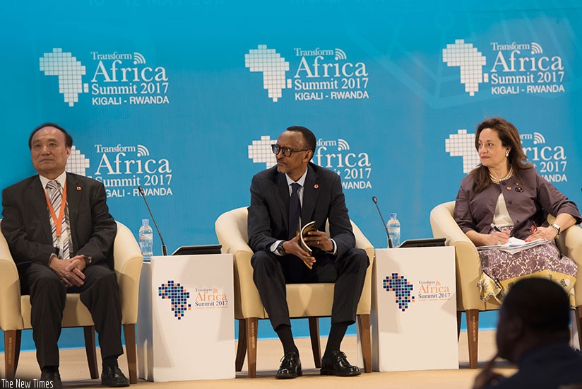 President Kagame with International Telecommunication Union secretary-general Houlin Zhao (left), and Dr Amani Abou-Zeid, the African Union Commissioner for Infrastructure and Energy during Transform Africa Summit's 'Conversations with Leaders' opening session in Kigali yesterday. (Village Urugwiro)