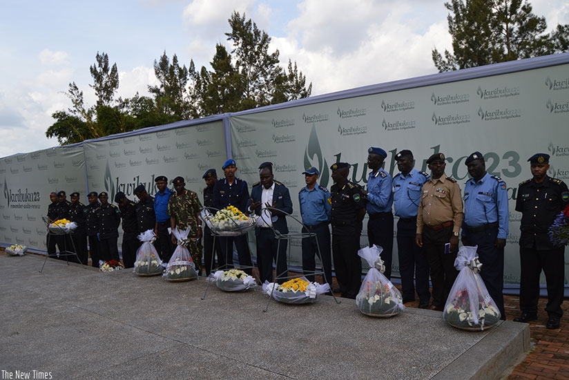 Police students from the region attending the 'Police Senior Command and Staff Course' at the National Police College (NPC) in Musanze District pay respects to genocide victims at Kigali Genocide Memorial, yesterday. (Courtesy)