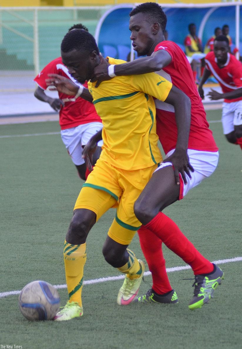 Striker Bernabe Mubumbyi (L), seen here in a league match against Musanze FC, will lead AS Kigali's line against Mukura in the Peace Cup second leg on Sunday evening. S. Ngendahimana