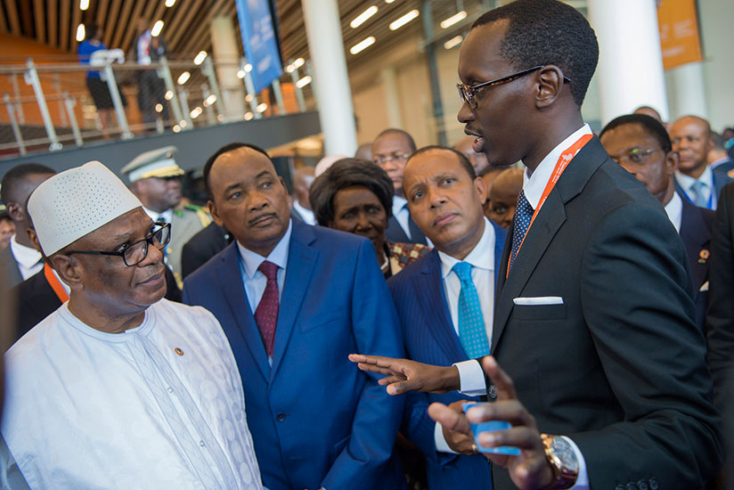 A Rwandan start-up founder, Patrick B. Nsenga, explains how the Tap and Go transport payment system works during last week's Transform Africa Summit in Kigali. / File