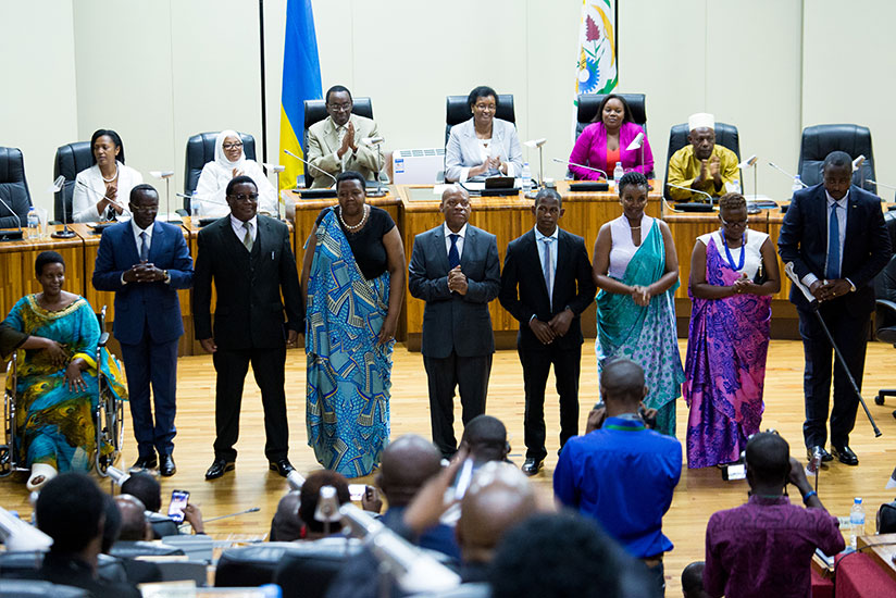 Rwanda's new East African Legislative Assembly representatives before the lawmakers at Parliament after their election yesterday. The regional legislators have pledged to take the region's integration agenda to the next level when they begin their duties next month. / Timothy Kisambira