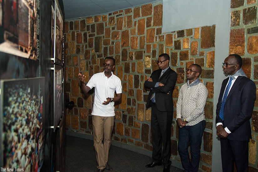 Defence minister James Kabarebe, State Minister for Constitutional and Legal Affairs Evode Uwizeyimana (second right) and Chief Justice Sam Rugege (right) on a guided tour of Kigali Genocide memorial on Friday. The Chief Justice said more Rwandans were now willing to testify against suspects of hate crimes, resulting in a significant increase of convictions. Nadege Imbabazi 