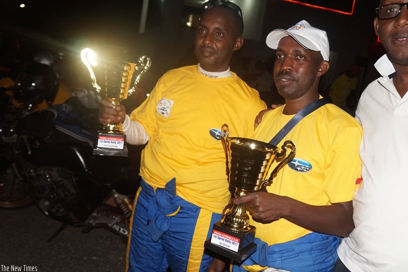 Gakwaya (R), navigated by Claude Mugabo (L) in a Subaru Impreza, won the 192.9 kilometer race after clocking 1 hour, 7 minutes and 52 seconds. Courtesy