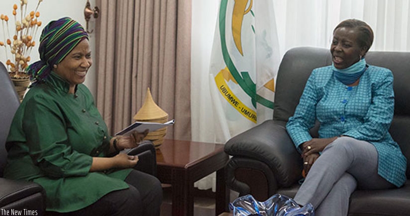 Phumzile Mlambo-Ngcuka, Under-Secretary General and Executive Director of UN Women with Rwanda's Minister of Foreign Affairs and Cooperation, Ms. Louise Mushikiwabo