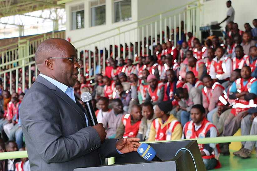 State Minister in charge of Transport, Dr. Alexis Nzahabwanimana speaking at the launch of the road safety week.