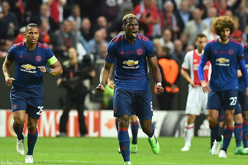 Pogba roars in celebration after breaking the deadlock in the European final