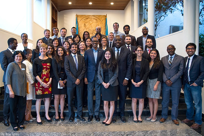 President Kagame with Wharton Business School students at Village Urugwiro in Kigali yesterday. The 30-member delegation of students is in the country to learn about Rwanda's recovery and development after the 1994 Genocide against the Tutsi.  (Village Urugwiro)