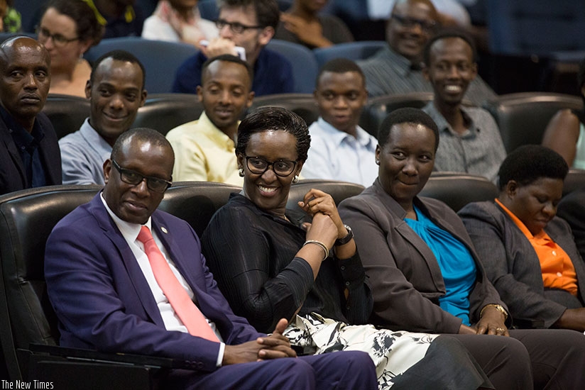 First Lady Mrs. Jeannette Kagame, Hon. Julienne Uwacu - Minister of Sports and Culture (right) and Dr Jean Damascene Bizimana - Executive Secretary of the National Commission for the Fight Against Genocide - CNLG (left) at the second Kwibuka23 Cafe Litteraire.