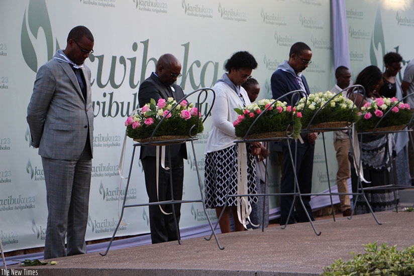 City of Kigali officials pay tribute to the 1994 Genocide against the Tutsi victims at Kigali Genocide Memorial on Saturday. Steven Muvunyi. 