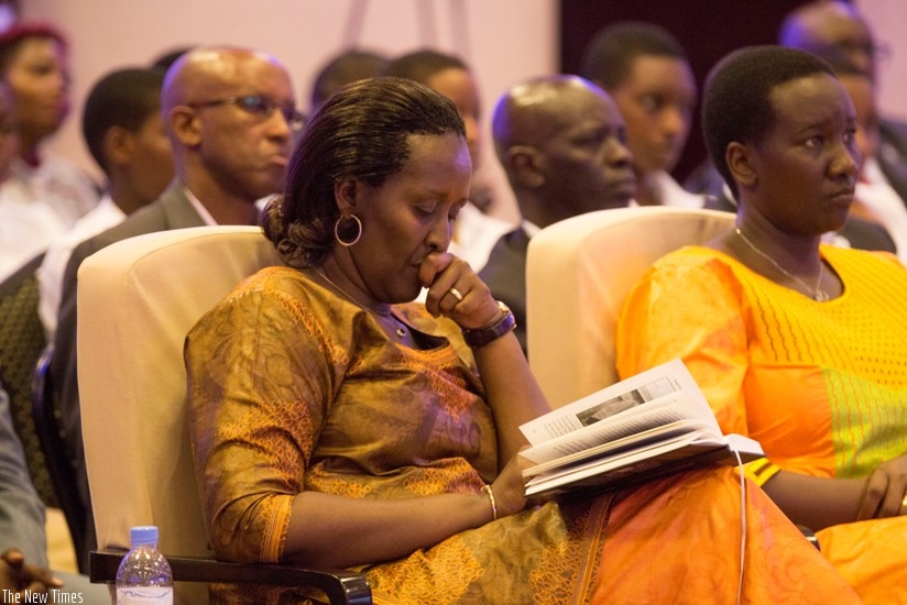 First Lady Mrs Jeannette Kagame, Hon Uwacu Julienne - Minister of Sports and Culture at 'My Son It Is A Long Story' book launch. (Courtesy)