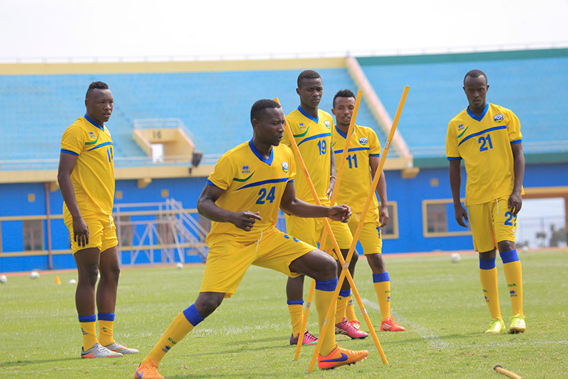 Bugesera FC veteran defender Aimable Rucogoza lead his Amavubi teammates during Tuesday morning training session at Amahoro stadium. / Sam Ngendahimana