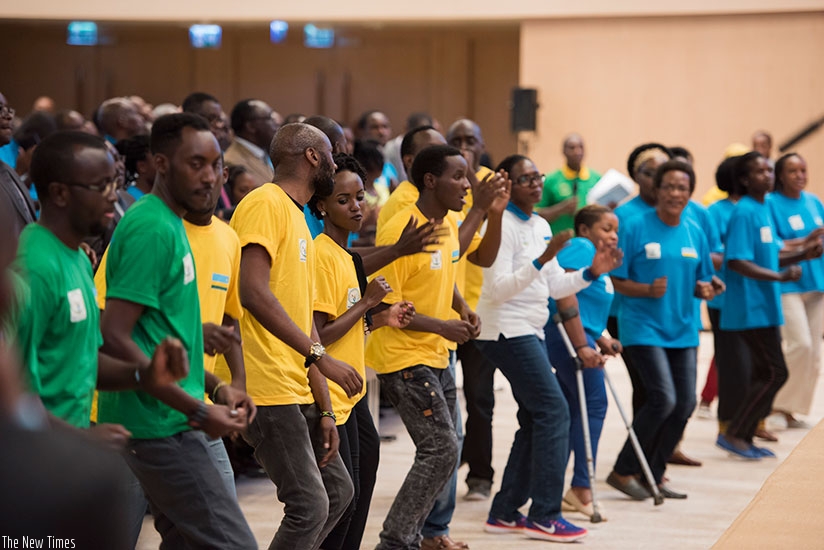 Intore break into dance during their meeting with the President. Village Urugwiro.
