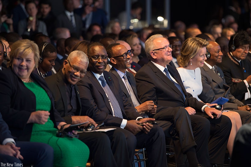 President Kagame (centre) at the opening ceremony of the European Development Days summit in Brussels, Belgium, yesterday. With him are other leaders, from left to right, Norwegian Prime Minister Erna Solberg, Guyana President David A. Granger, Senegalese President Macky Sall, EU Commission president Jean-Claude Juncker, Queen Maxime of the Kingdom of the Netherlands, and Guinean President Alpha Conde. (Village Urugwiro)