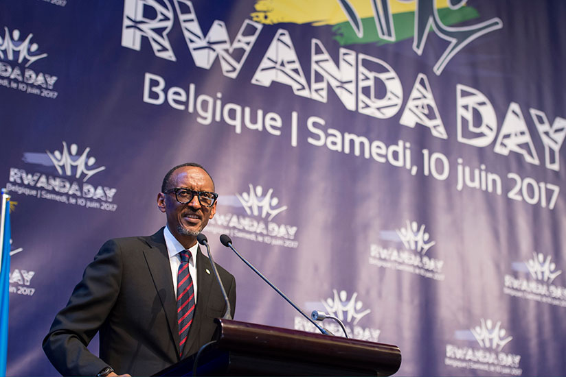 President Kagame speaks during Rwanda Day yesterday in Gent, Belgium. The President told the Rwandan Diaspora to contribute to the development of the country. / Village Urugwiro