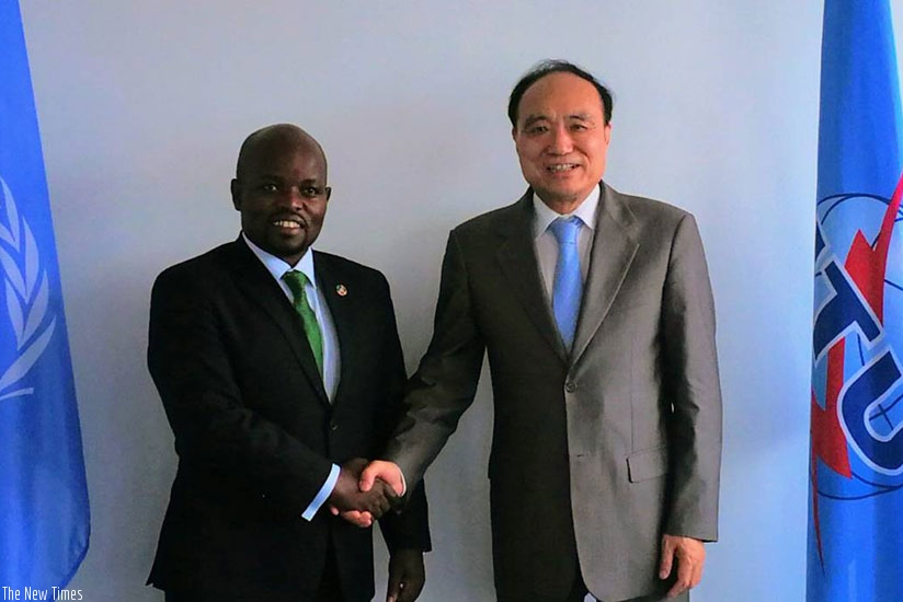 Youth and ICT minister,  Jean Philbert Nsengimana (L) and Houlin Zhao, the Secretary-General of the International Telecommunication Union in Geneva, Switzerland. (Courtesy)