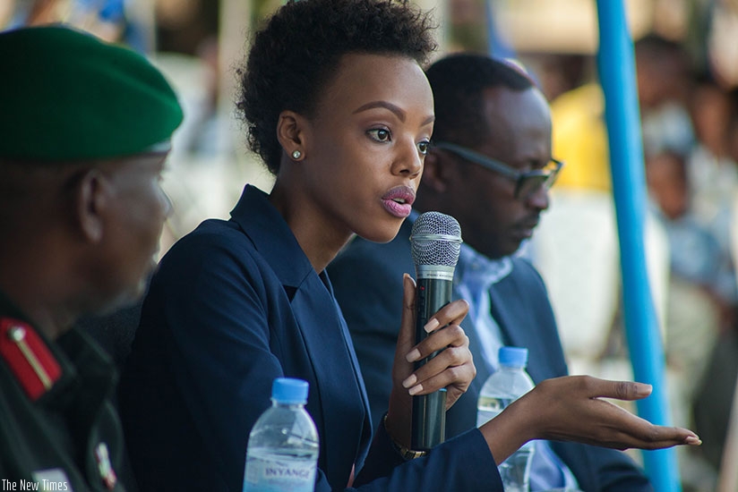 Miss Rwanda 2016 Mutesi speaks during the Inter-generation Dialogue in Rubavu District on Sunday. (All photos by Nadege  Imbabazi)