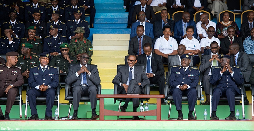 President Kagame and other officials at the celebrations to mark the 17th anniversary of the Rwanda National Police, which took place following the pass-out of officer cadets, at Stade de Kigali in Nyamirambo yesterday. The President called for continued cooperation between citizens and the Rwanda National Police given that peace and security have been the foundation of the progress and wellbeing achieved by Rwandans over the last few years. Village Urugwiro.