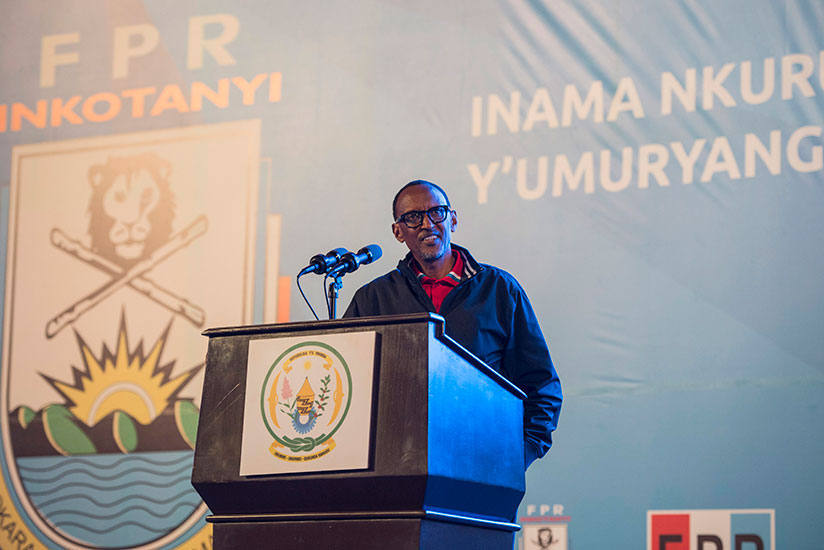 President Kagame delivers his remarks yesterday after accepting to be the RPF flagbearer in the August 4 presidential elections. The extra ordinary RPF congress which nominated President Kagame was also attended by representatives from different political parties like Chama Cha Mapinduzi (CCM), Jubilee, National Resistance Movement (NRM), Chinese Communist Party (CCM), African National Congress (ANC), Ethiopian People's Revolutionary Democratic Front (EPRF) and parties from Angola, Congo Brazzaville, Eritrea and Djibouti. / Courtesy