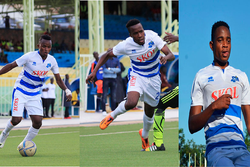 (L-R) Rayon Sports midifielders Kevin Muhire, Nova Bayama and Mugisha extend their contract with their side ( Sam Ngendahimana)