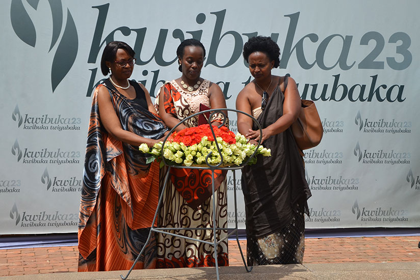 (L-R): The World Health Organisation regional director for Africa Dr Moeti, Dr Diane Gashumba and Dr Jeannine Condo lay a wreath at Kigali Genocide Memorial. / Sam Ngendahimana