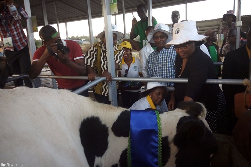 Mukeshimana tours a dairy firm stall at the expo on Sunday. (Michel Nkurunziza)