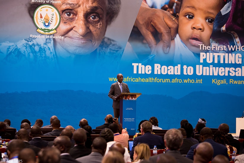 Prime Minister Anastase Murekezi gives his opening remarks during the inaugural Africa Health Forum of the World Health Organisation in Kigali yesterday. (Photos by Timothy Kisambira)