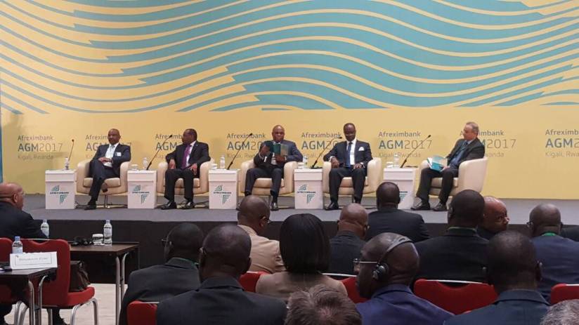 Minister of Finance, Claver Gatete (2nd left), is joined by Afrexim leadership at the opening of Afreximbank Annual General Meeting at Kigali Convention Centre today. (Courtesy)