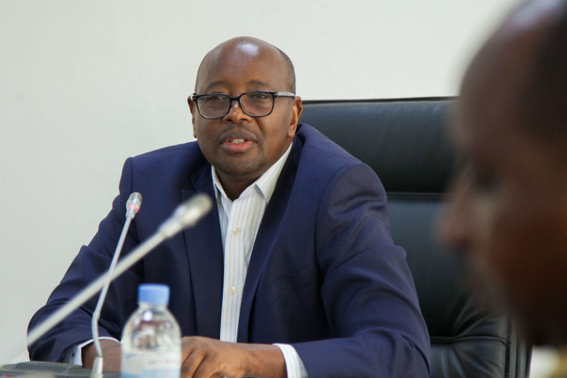 Infrastructure Minister James Musoni speaks during the meeting with Rwanda Standards Board and Rwanda Housing Authority on Thursday. / Nadege Imbabazi