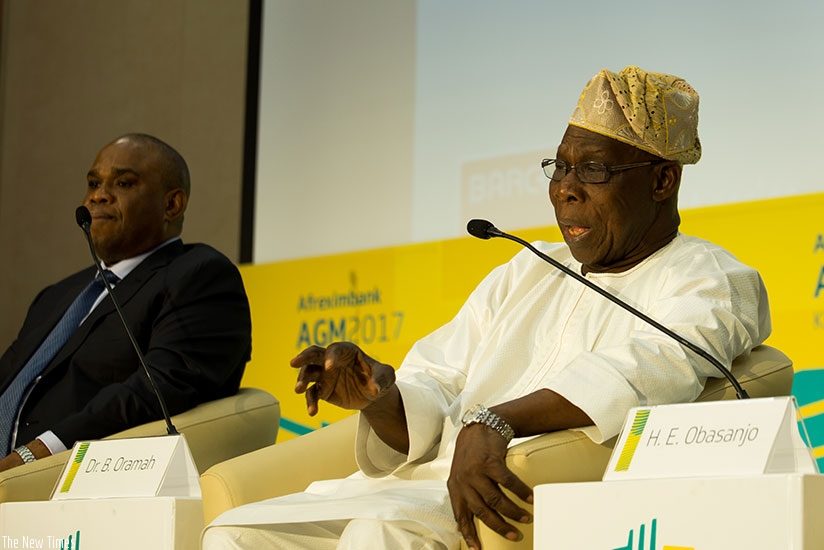 Former Nigerian President Olesegun Obasanjo addresses journalists on the sidelines of the ongoing Afreximbank Annual General Meeting in Kigali yesterday. Timothy Kisambira.