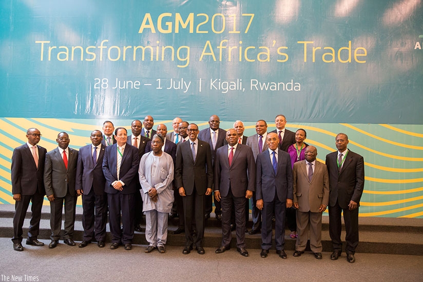 R-L President of Afreximbank Dr. Benedict Oramah, President Kagame, Former Nigerian President Olusegun Obasanjo, Dr. Peter Larose, Minister for Finance Republic of Seychelles, Mini....