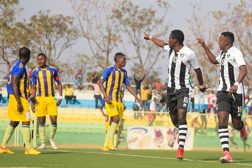 APR's Muhadjiri Hakizimana (#10) celebrates with a teammate after scoring against Amagaju FC in the semifinals last Thursday at Stade de Kigali. / Sam Ngendahimana