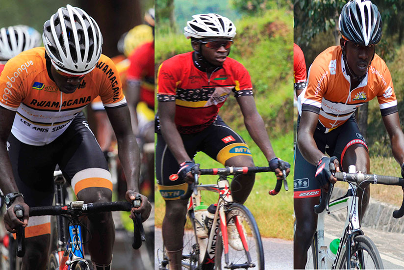 L-R Jean Claude Uwizeye, Didier Munyaneza and Rene Jean Paul Ukiniwabo are among the six riders preparing for USA trip. / Sam Ngendahimana