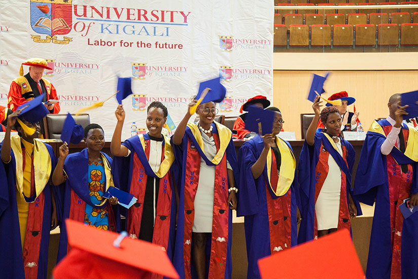 University of Kigali graduates celebrate after being conferred upon during the graduation ceremony at Kigali Convention Centre yesterday. A total of 130 students were awarded degre....