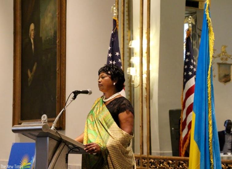 Rwandan Ambassador to the USA makes her remarks during the Liberation Day celebrations. (Courtesy)