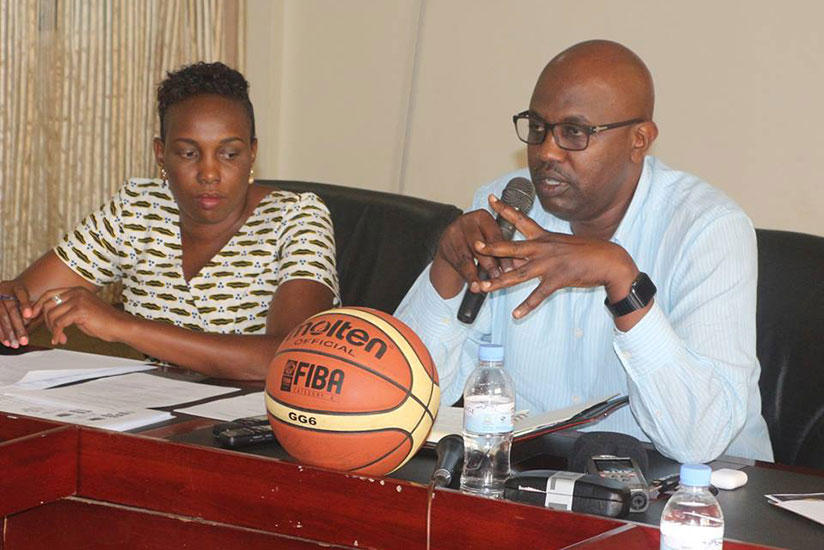 FERWABA President Desire Mugwiza and technical advisor Claudette Habimana Mugwaneza during a press conference on Friday. / Geoffrey Asiimwe