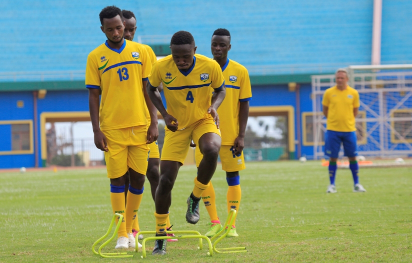 Amavubi players during a training session at Amahoro National Stadium in preparation for the CHAN 2018 qualifier against Tanzania, on Saturday. (S. Ngendahimana)