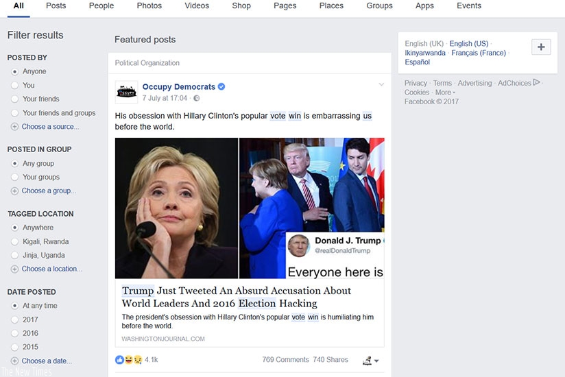 A Facebook screen grab showing US politics. Donald Trump used social media to win.