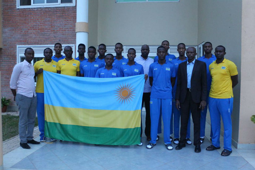 The U-16 boys' team after being flagged off by the Permanent Secretary in Ministry of Sports and Culture, Patrice Rugambwa on Tuesday. / Courtesy