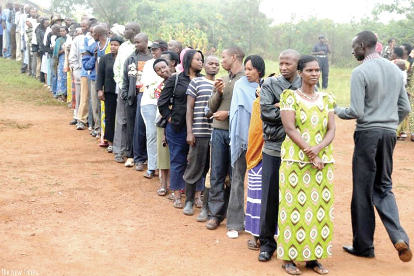 Rwandan voters await to cast their ballot during a past election. Presidential campaigns for the August 4 poll kick off today. File