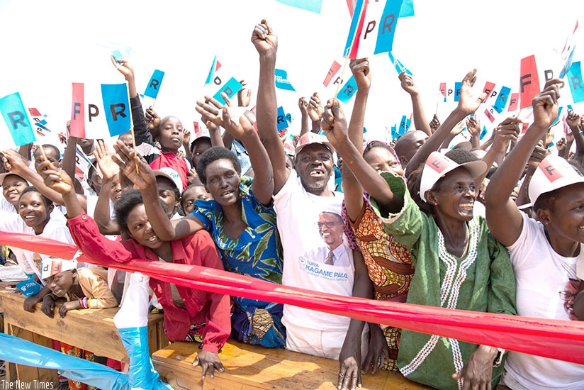 Some of the supporters of incumbent President Paul Kagame during his first presidential campaign rally in Ruhango District on Friday. Rwandans go to the polls on August 4. Courtesy. 