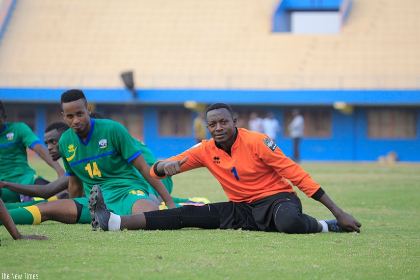 Rwanda CHAN team captain and first choice goalkeeper Eric Ndayishimiye gives a thumbs up in training in preparation for today's game against Tanzania. Sam Ngendahimana