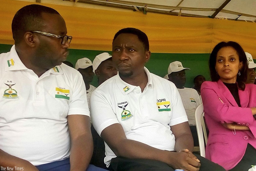 Green Party Secretary General Jean Claude Ntezimana, Green party presidential candidate Frank Habineza and his wife Judith Kabarira during yesterday's rally in Nyamasheke. Jean d'A....